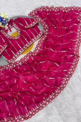 Rani Pink Color HandWork And Sequence Work Satin Saree