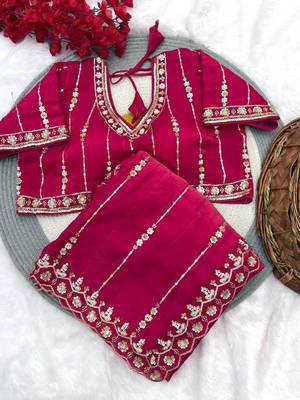 Rani Pink Color HandWork And Sequence Work Satin Saree 3