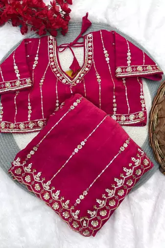 Rani Pink Color HandWork And Sequence Work Satin Saree