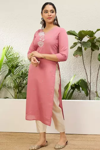 Baby pink color silk blend embroidery long kurta