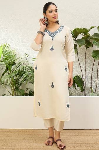 Off white color silk blend embroidery long kurta