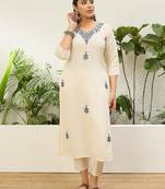 Off white color silk blend embroidery long kurta