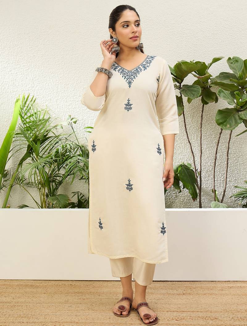 Off white color silk blend embroidery long kurta