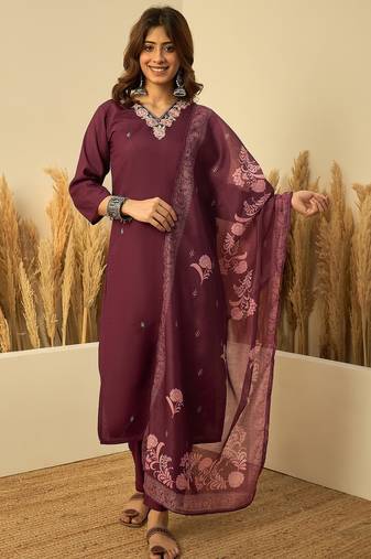 Wine color stylish roman silk embroidered graceful partywear dress
