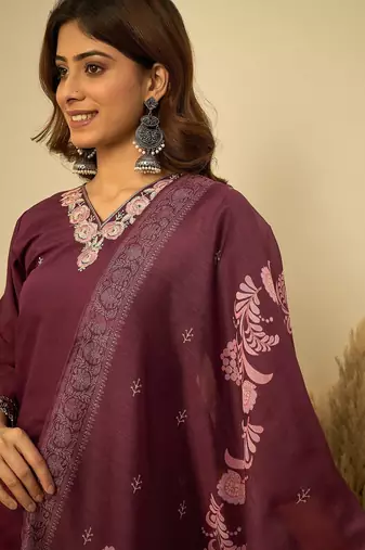 Wine color stylish roman silk embroidered graceful partywear dress