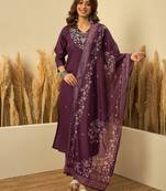 Purple color stylish roman silk embroidered graceful partywear dress