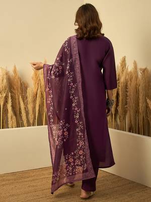 Purple color stylish roman silk embroidered graceful partywear dress 2