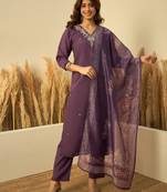 Lavender color stylish roman silk embroidered graceful partywear dress