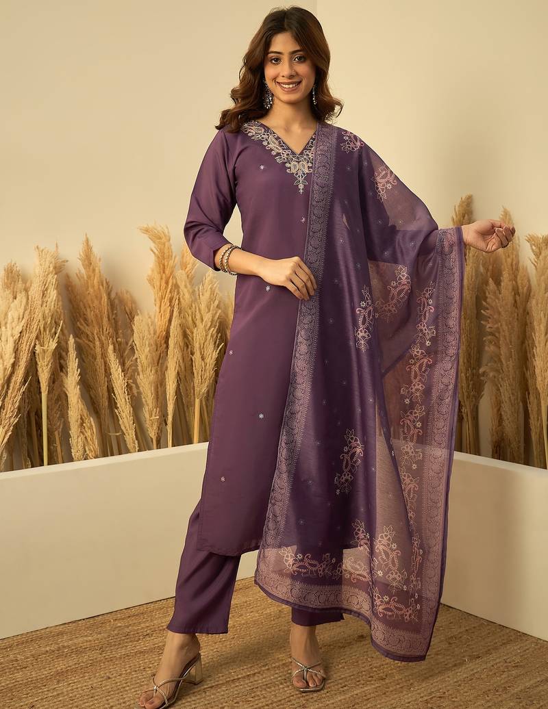 Lavender color stylish roman silk embroidered graceful partywear dress