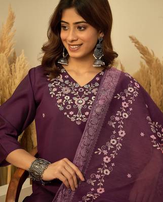 Purple color stylish roman silk embroidered graceful partywear dress 3