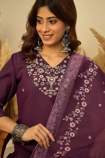 Purple color stylish roman silk embroidered graceful partywear dress