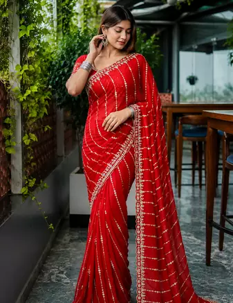 Red Color HandWork And Sequence Work Satin Saree