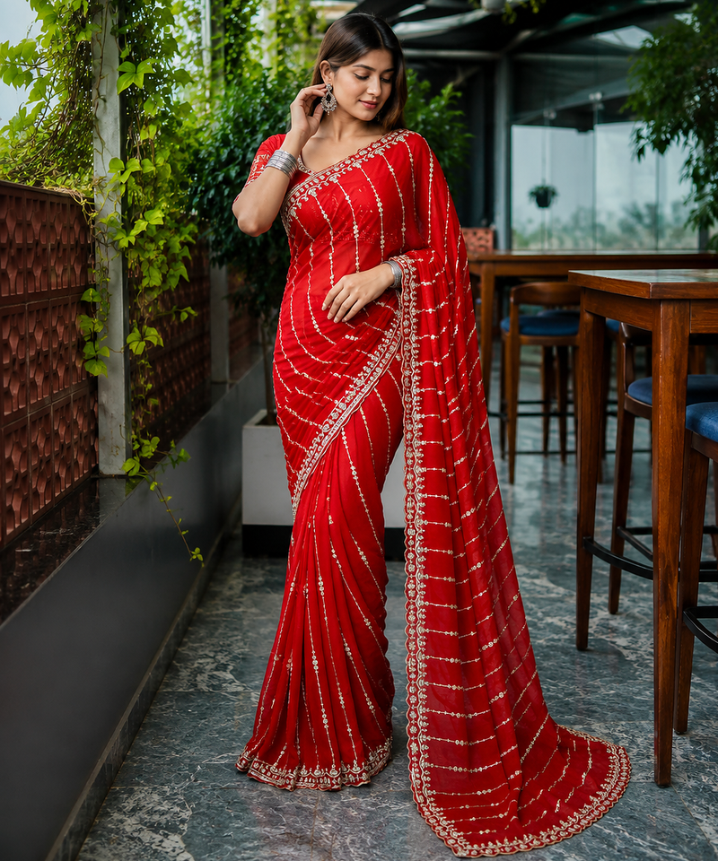 Red Color HandWork And Sequence Work Satin Saree