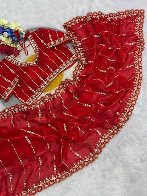 Red Color HandWork And Sequence Work Satin Saree 2