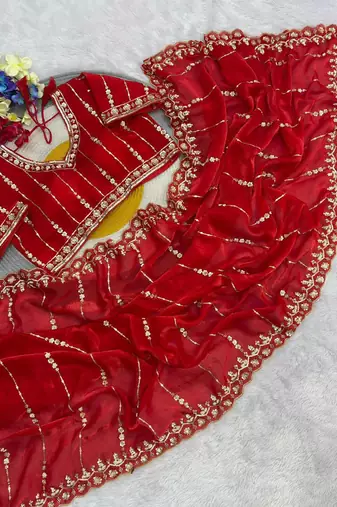 Red Color HandWork And Sequence Work Satin Saree