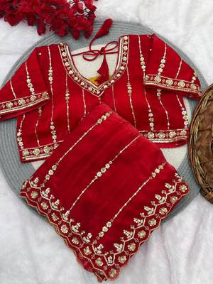 Red Color HandWork And Sequence Work Satin Saree 3