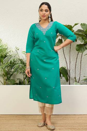 Rama color silk blend embroidery long kurta