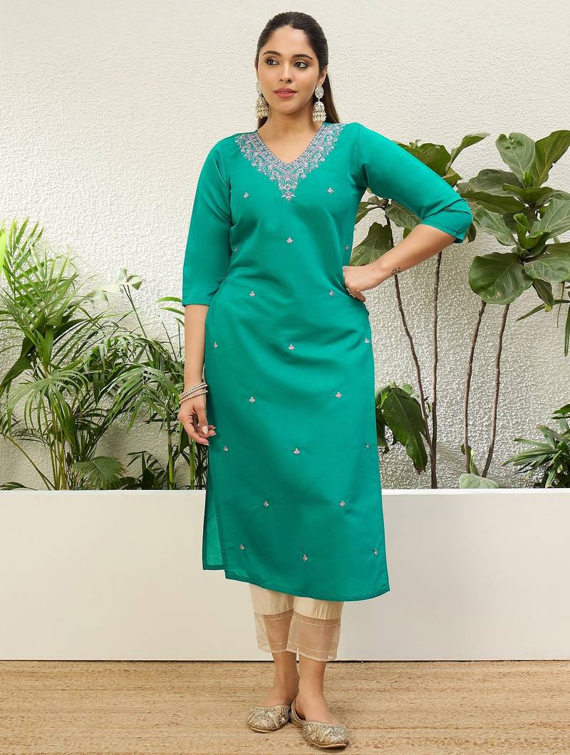 Rama color silk blend embroidery long kurta