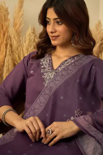 Lavender color stylish roman silk embroidered graceful partywear dress