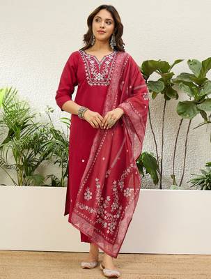 Cherry color stylish roman silk embroidered graceful partywear dress 1