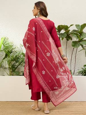 Cherry color stylish roman silk embroidered graceful partywear dress 2