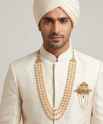   groom sherwani necklace layered moti mala for wedding | groom mala with brooch set 6