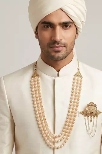   groom sherwani necklace layered moti mala for wedding | groom mala with brooch set
