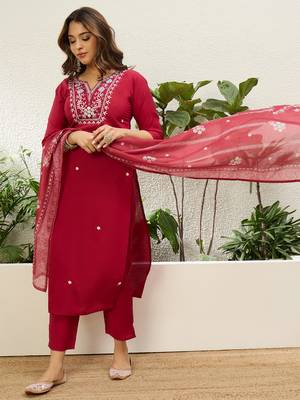 Cherry color stylish roman silk embroidered graceful partywear dress 4