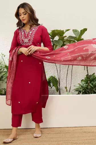 Cherry color stylish roman silk embroidered graceful partywear dress