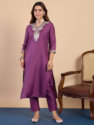 Purple color stylish silk blend embroidered graceful partywear dress 4