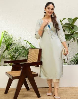 Grey color silk blend embroidery long kurta 4
