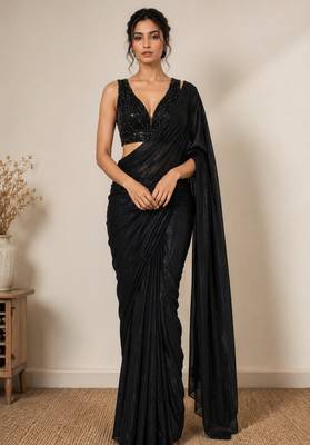 Black beads work shiny georgette partywear saree with full of beads work blouse fabric. 1