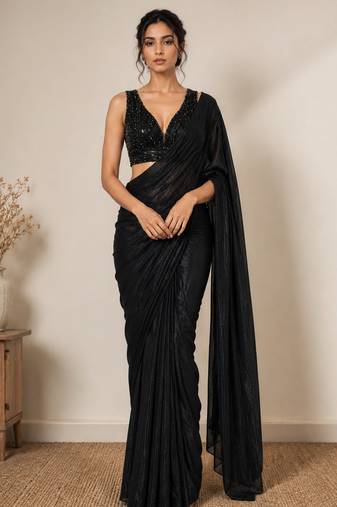 Black beads work shiny georgette partywear saree with full of beads work blouse fabric.