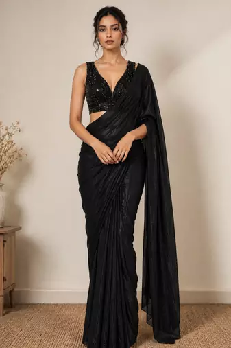 Black beads work shiny georgette partywear saree with full of beads work blouse fabric.