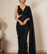 Black beads work shiny georgette partywear saree with full of beads work blouse fabric.