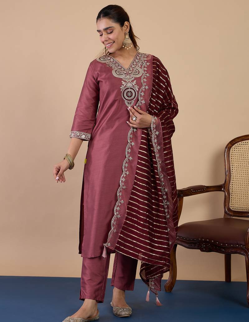 Coffee color stylish silk blend embroidered graceful partywear dress