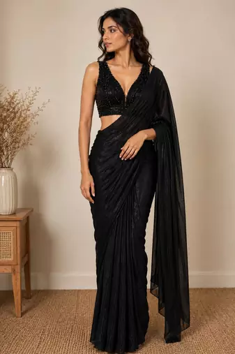 Black beads work shiny georgette partywear saree with full of beads work blouse fabric.