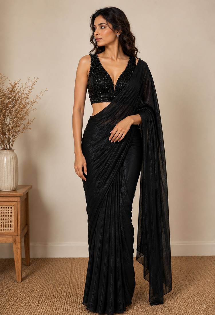 Black beads work shiny georgette partywear saree with full of beads work blouse fabric.