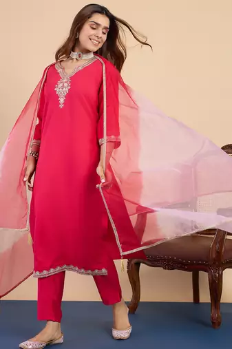 Pink color stylish silk blend embroidered graceful partywear dress
