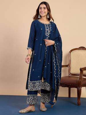Teal blue color stylish silk blend embroidered graceful partywear dress 1