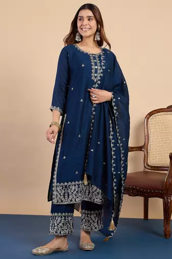 Teal blue color stylish silk blend embroidered graceful partywear dress