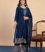 Teal blue color stylish silk blend embroidered graceful partywear dress