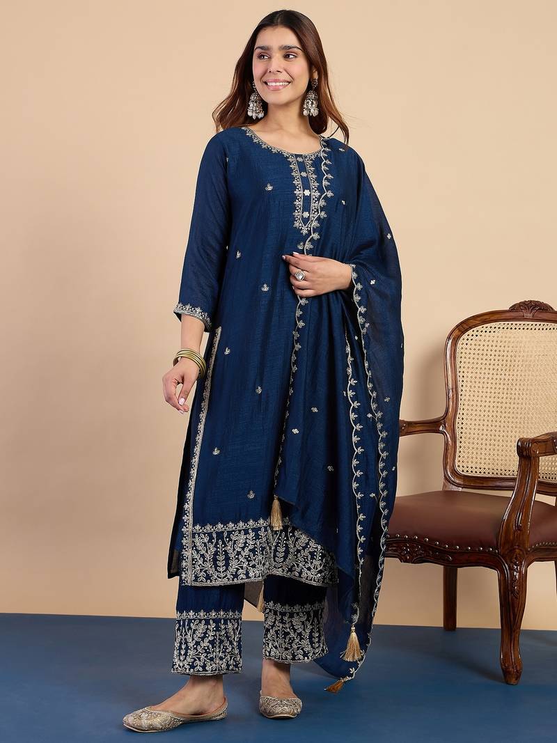 Teal blue color stylish silk blend embroidered graceful partywear dress