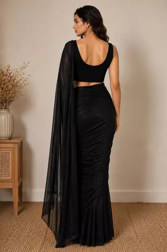Black beads work shiny georgette partywear saree with full of beads work blouse fabric.