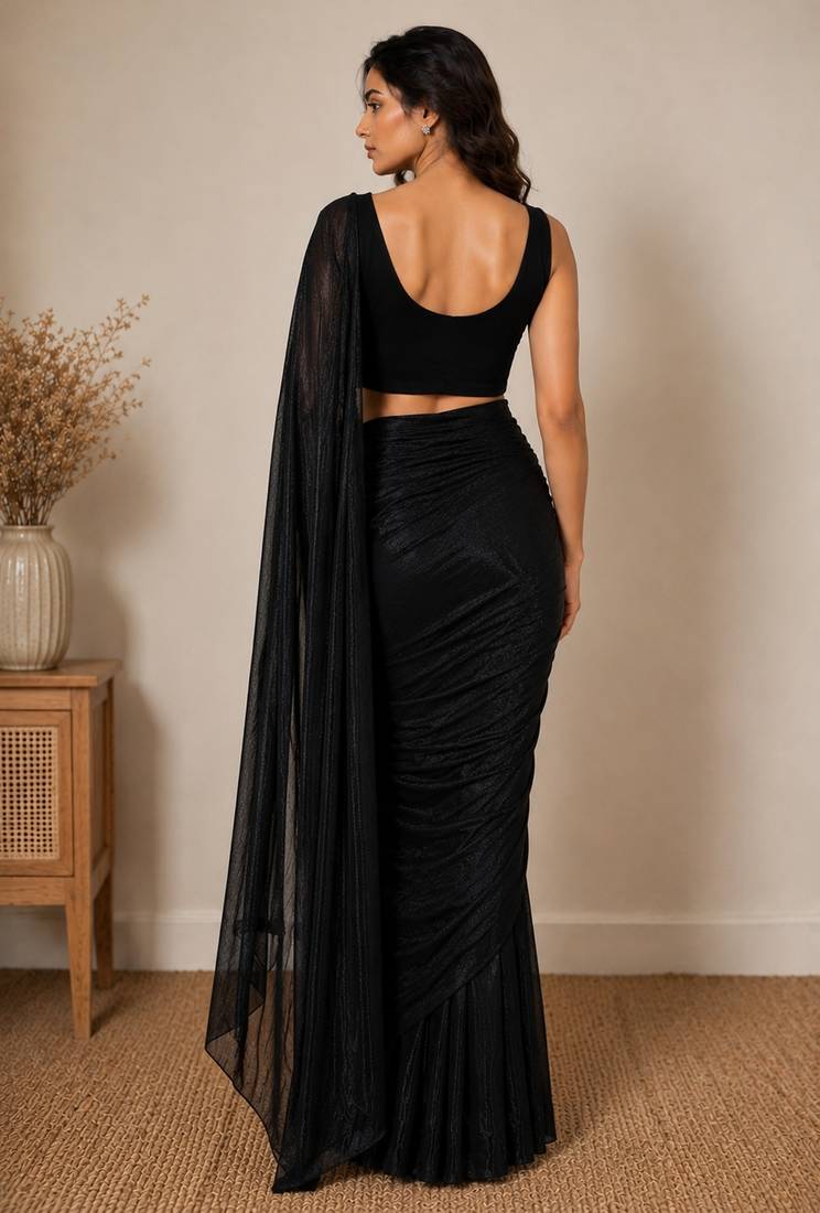 Black beads work shiny georgette partywear saree with full of beads work blouse fabric.