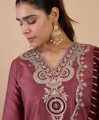Coffee color stylish silk blend embroidered graceful partywear dress 3