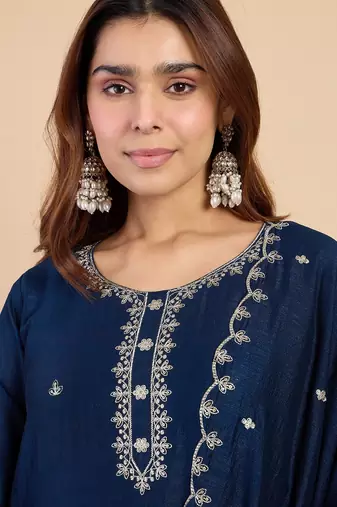 Teal blue color stylish silk blend embroidered graceful partywear dress
