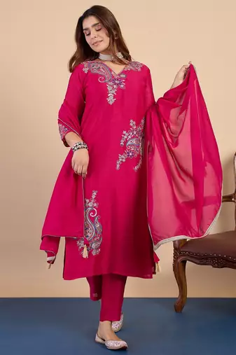 Pink color stylish silk blend embroidered graceful partywear dress