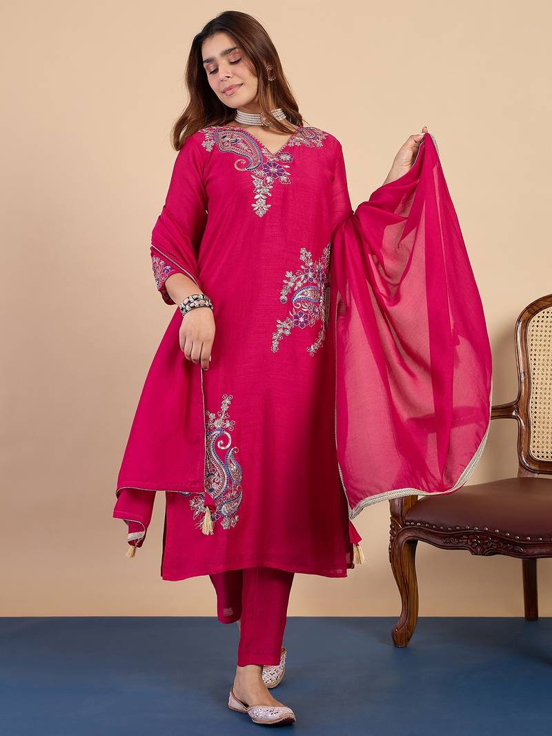 Pink color stylish silk blend embroidered graceful partywear dress