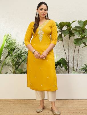 Yellow color silk blend embroidery long kurta 1